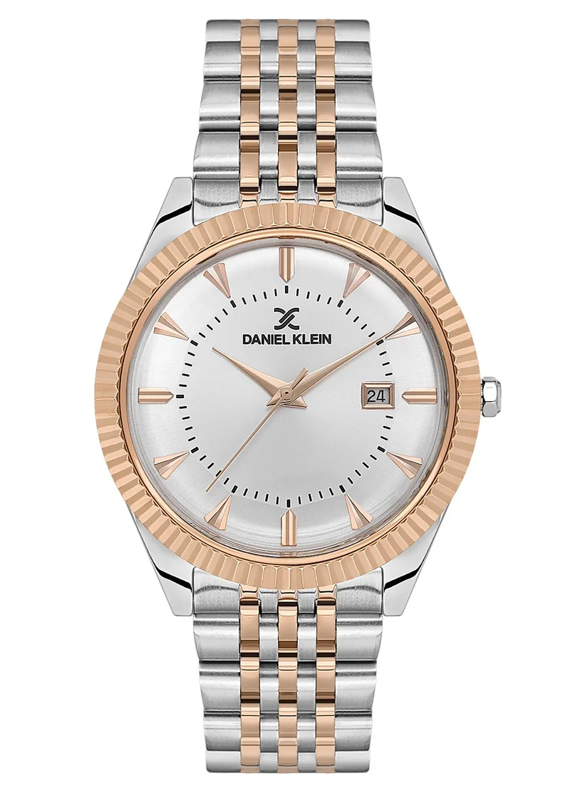 DANIEL KLEIN Men's Stainless Steel Silver and Rose Gold Alloy Case Analog Silver Round Sunray Dial Japanese Quartz Premium 50 Meters Water Resistant